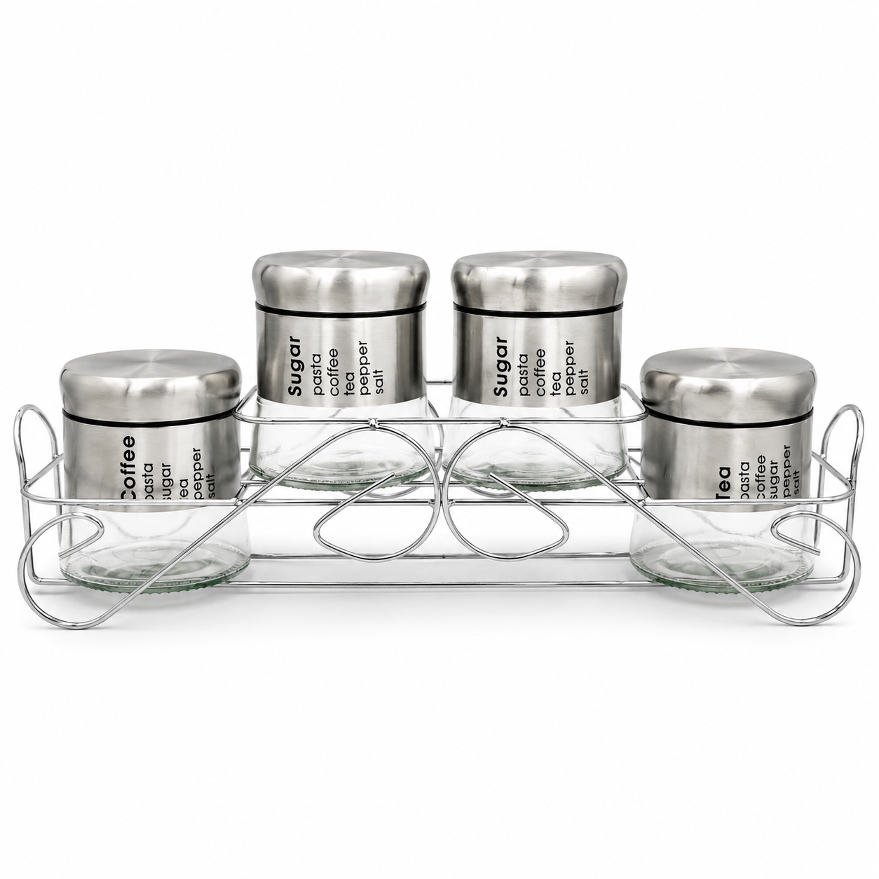 GEM+ | 5pc Glass Storage Jar Set with Silver Lids – with Silver Stand