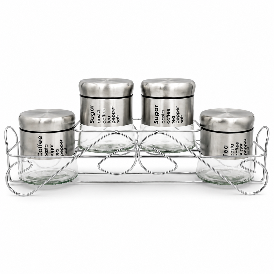 4 Glass Storage Jars with Stand, Silver Lids