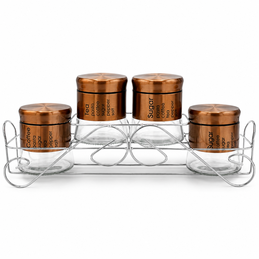 GEM+ | 5pc Glass Storage Jar Set with Bronze Lids – with Silver Stand