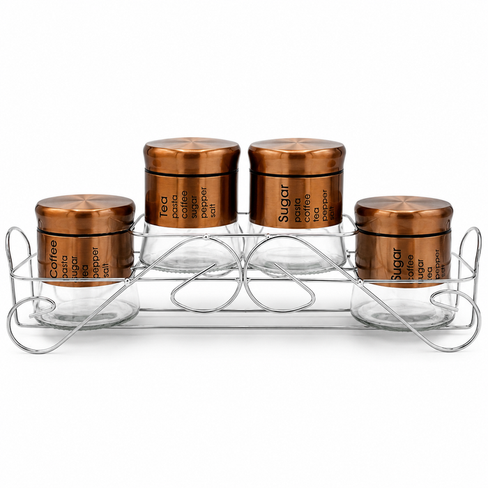 4 Glass Storage Jars with Stand, Bronze Lids
