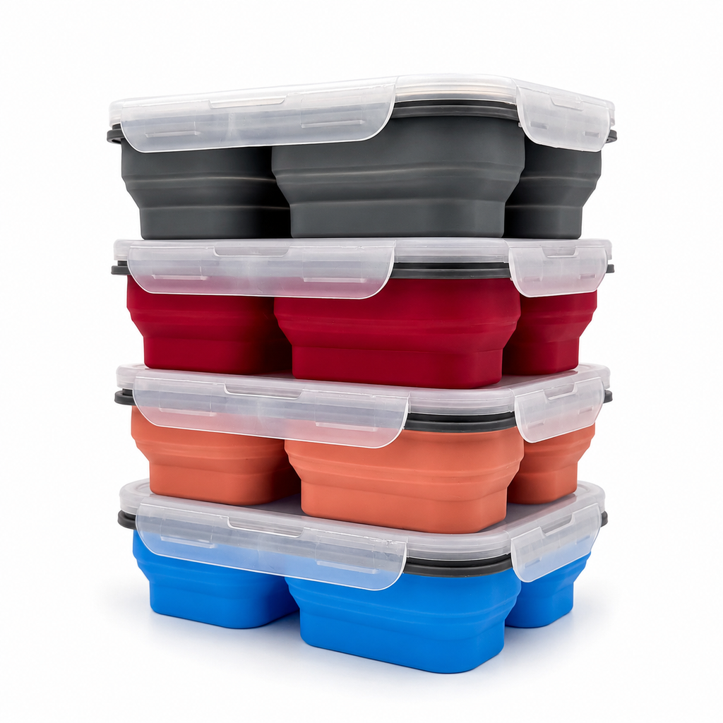 GEM+ | Collapsible Lunchbox with 3 Compartments and Fork & Spoon – Space-Saving