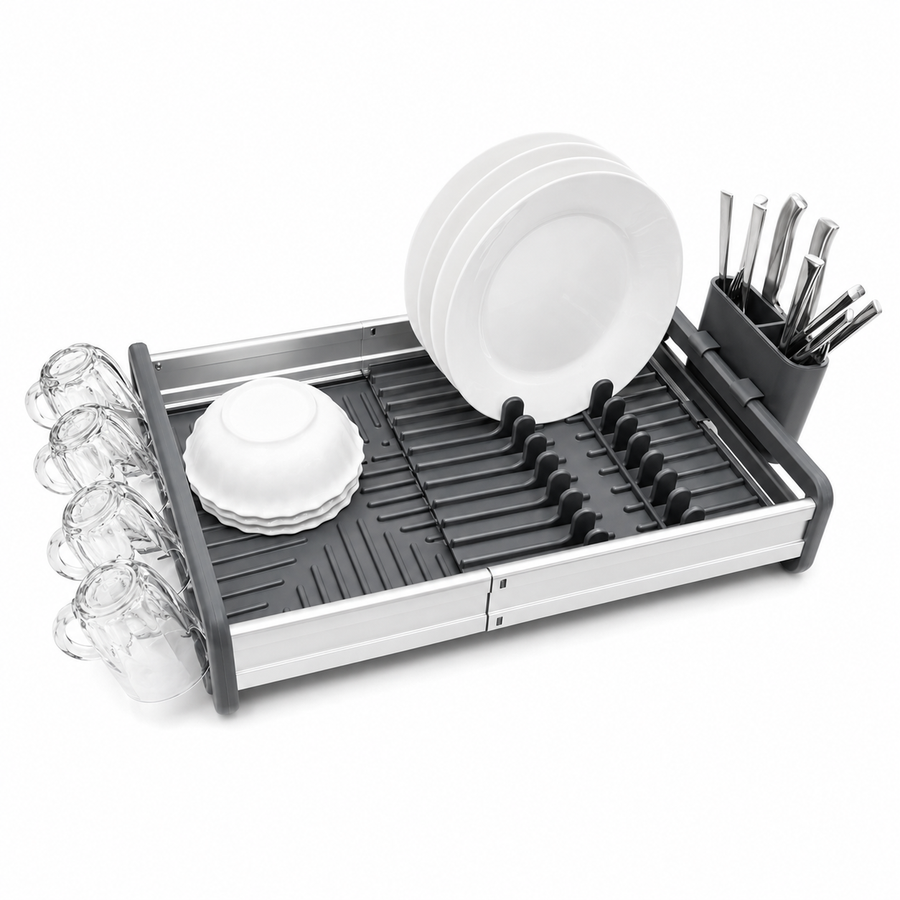 Expandable Dish Rack with 3 Utensil Sections