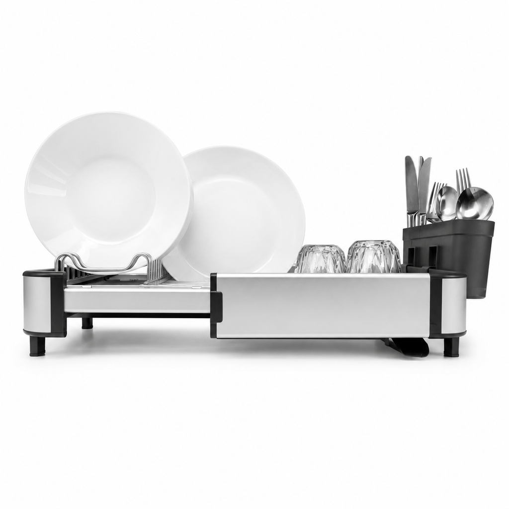 GEM+ | Expanding Dish Drying Rack with 3 Utensil Compartments - Rotatable Spout