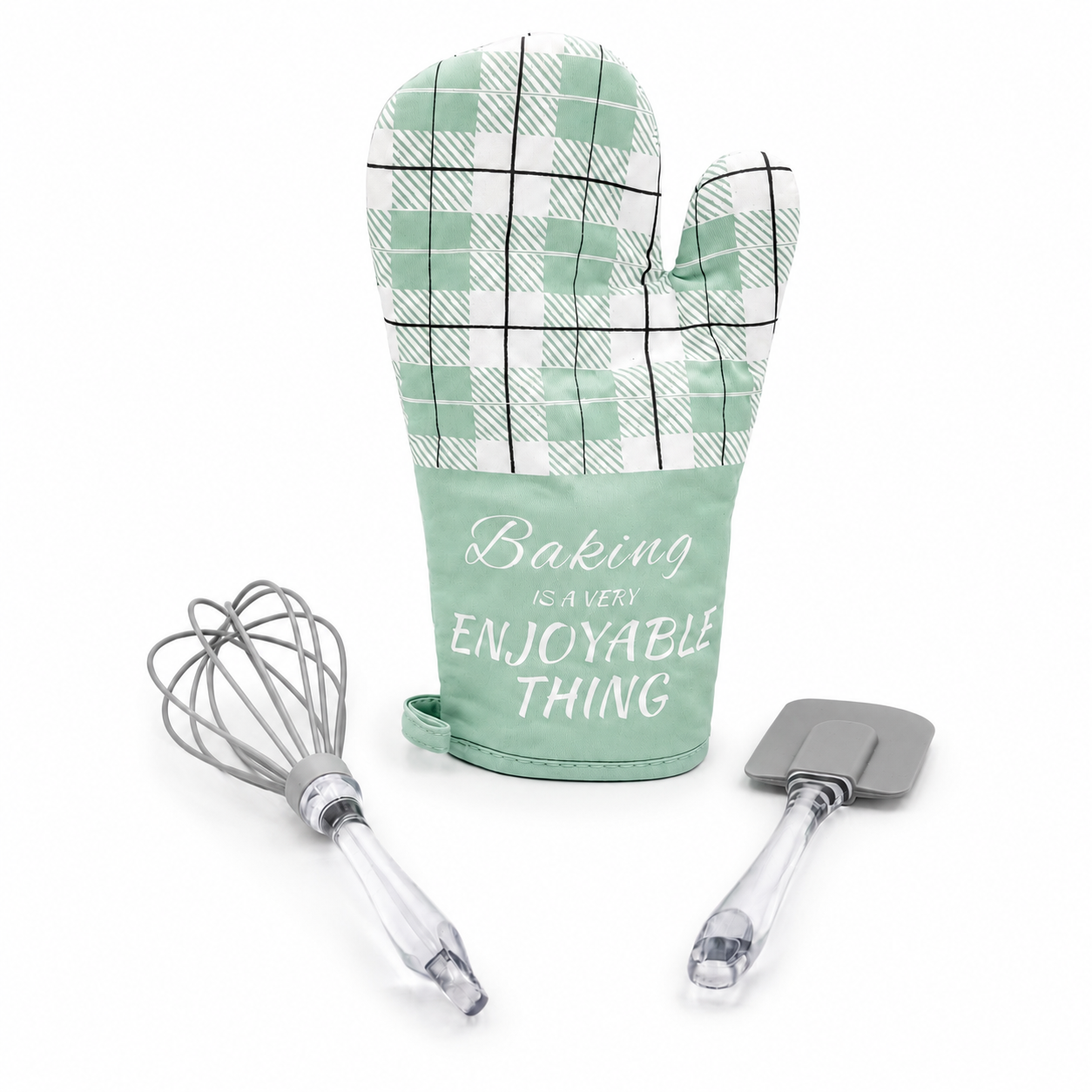 GEM+ | 3-Piece Baking Set - Oven Mitt, Whisk, Spatula - Pink/White & Green/Grey