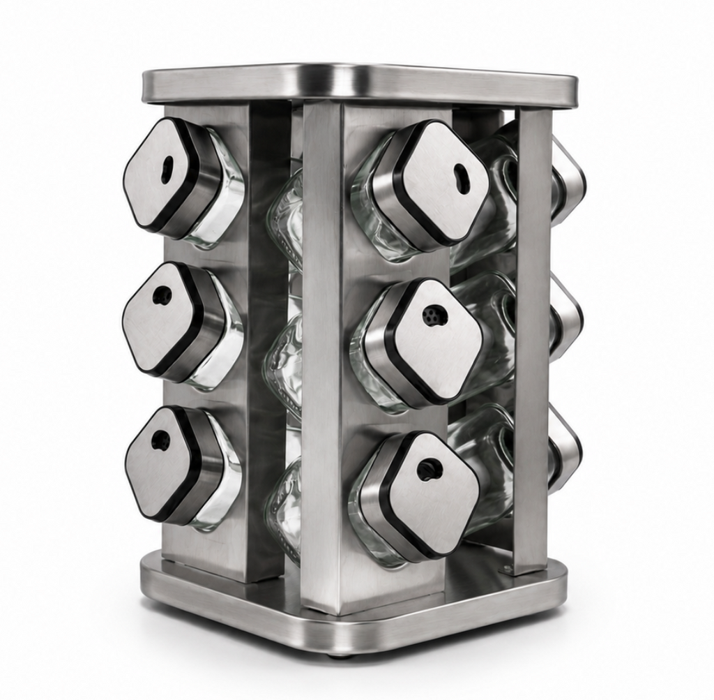 GEM+ | 12pcs Premium Stainless Steel Spice Jar With Rotating Carousel Stand Set