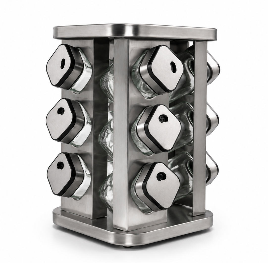 GEM+ | 12pcs Premium Stainless Steel Spice Jar With Rotating Carousel Stand Set