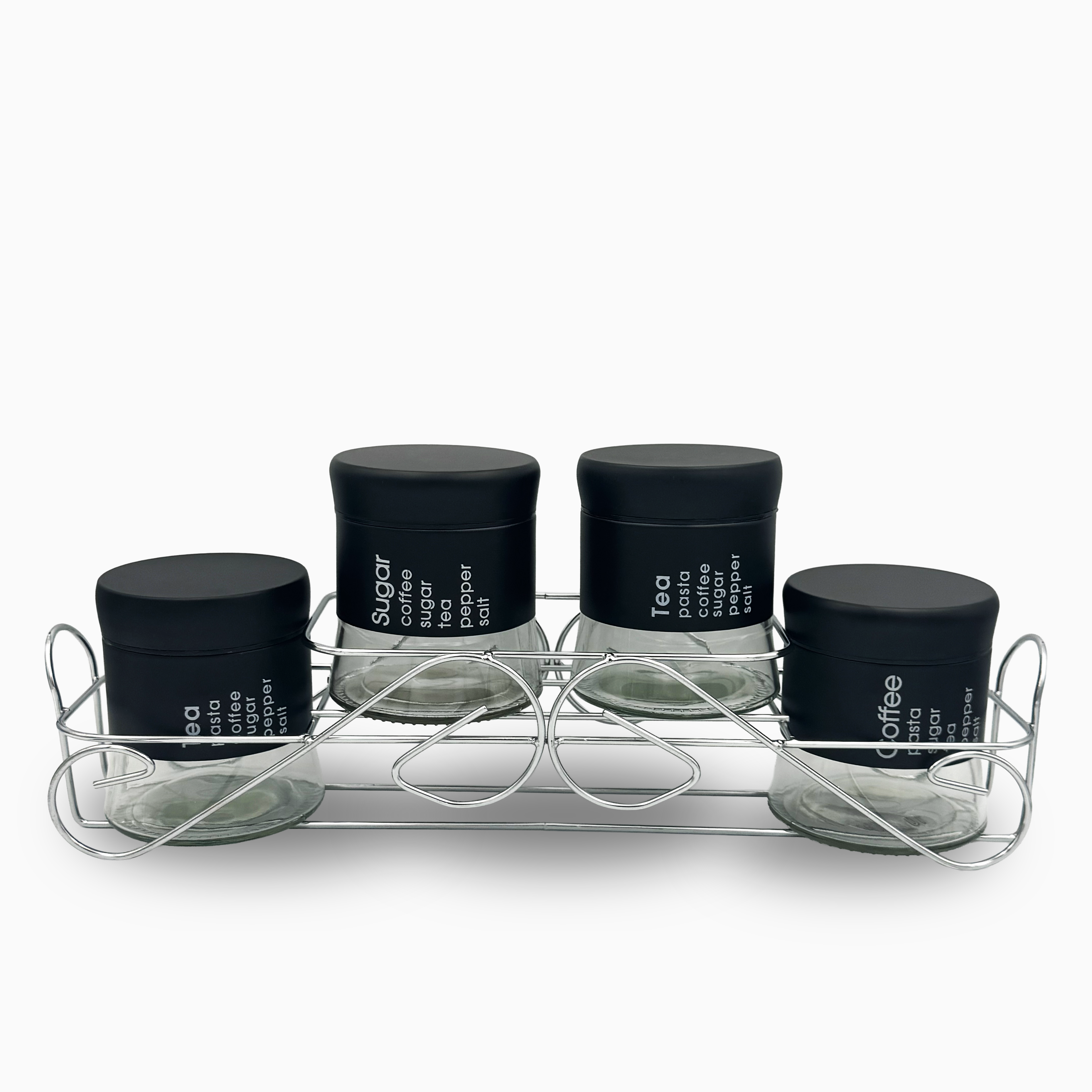 GEM+ | 5pc Glass Storage Jar Set with Black Lids – with Silver Stand