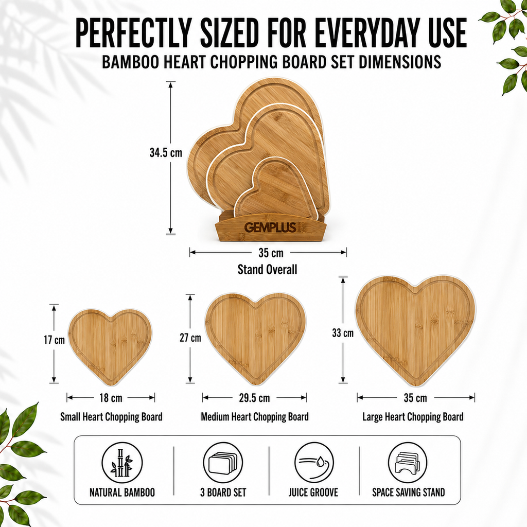 3 Heart Bamboo Chopping Boards with Stand, White