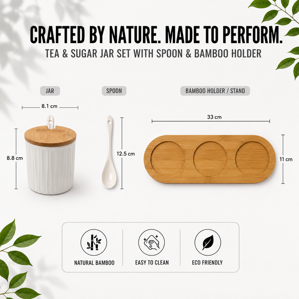 3 Ceramic Storage Jars with Bamboo Tray, White