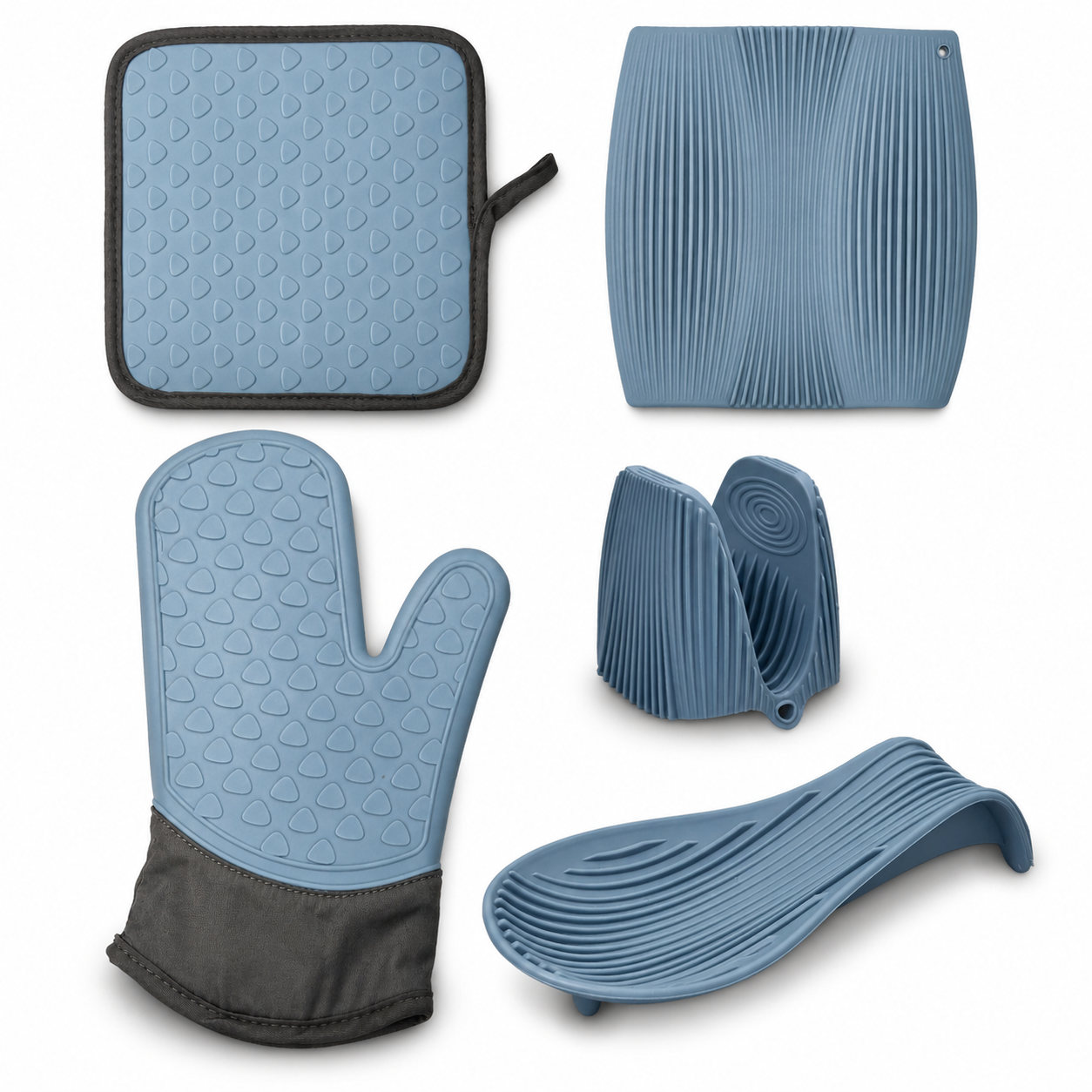 GEM+ | 5 Piece Silicone Kitchen Set – Heat Resistant Oven Mitt, Pot Holder, Spoon Rest & Trivet Set