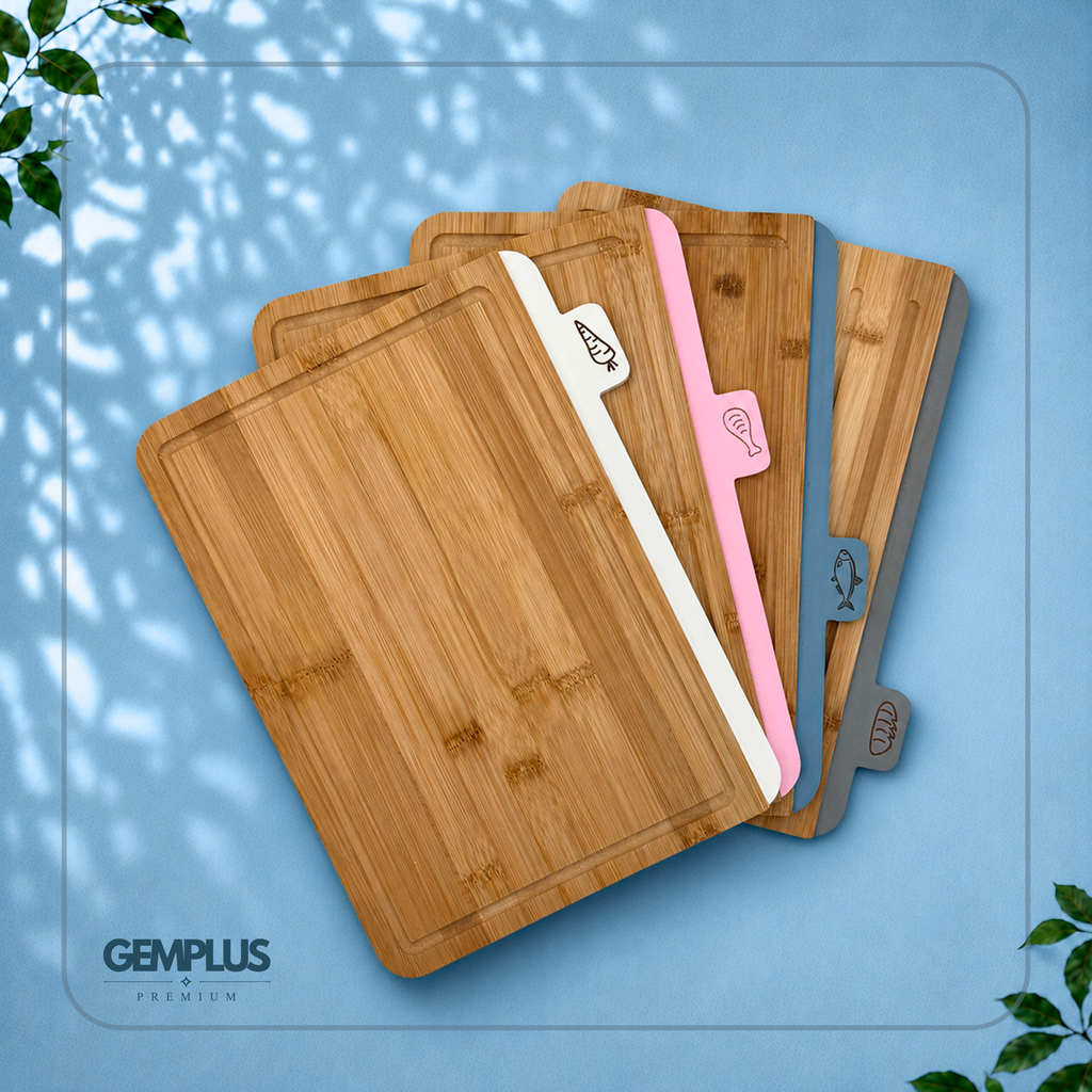 GEM+ | 4 PCS Premium Natural Bamboo Color Coded Chopping Board Set - Blue