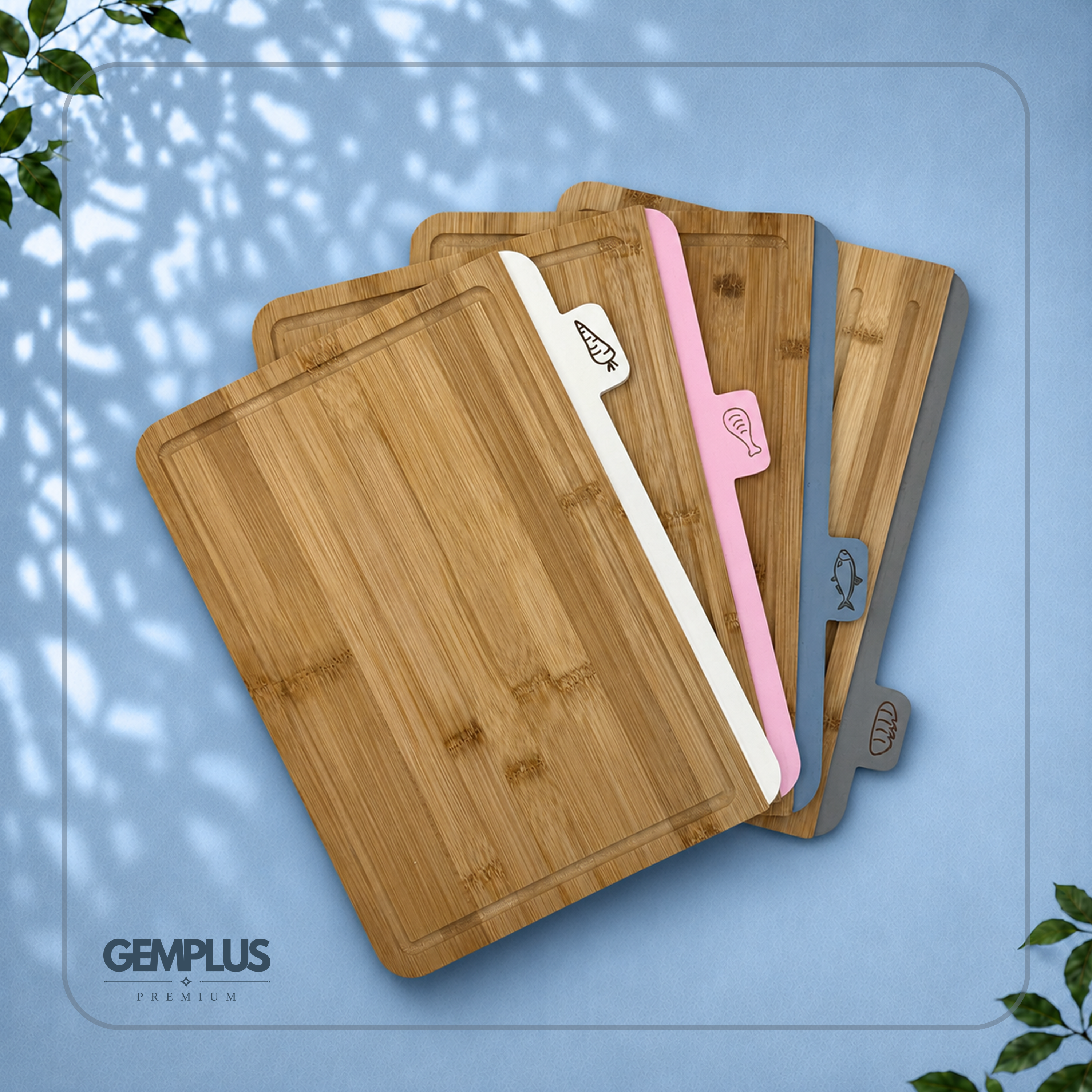 GEM+ | 4 PCS Premium Natural Bamboo Color Coded Chopping Board Set - Blue