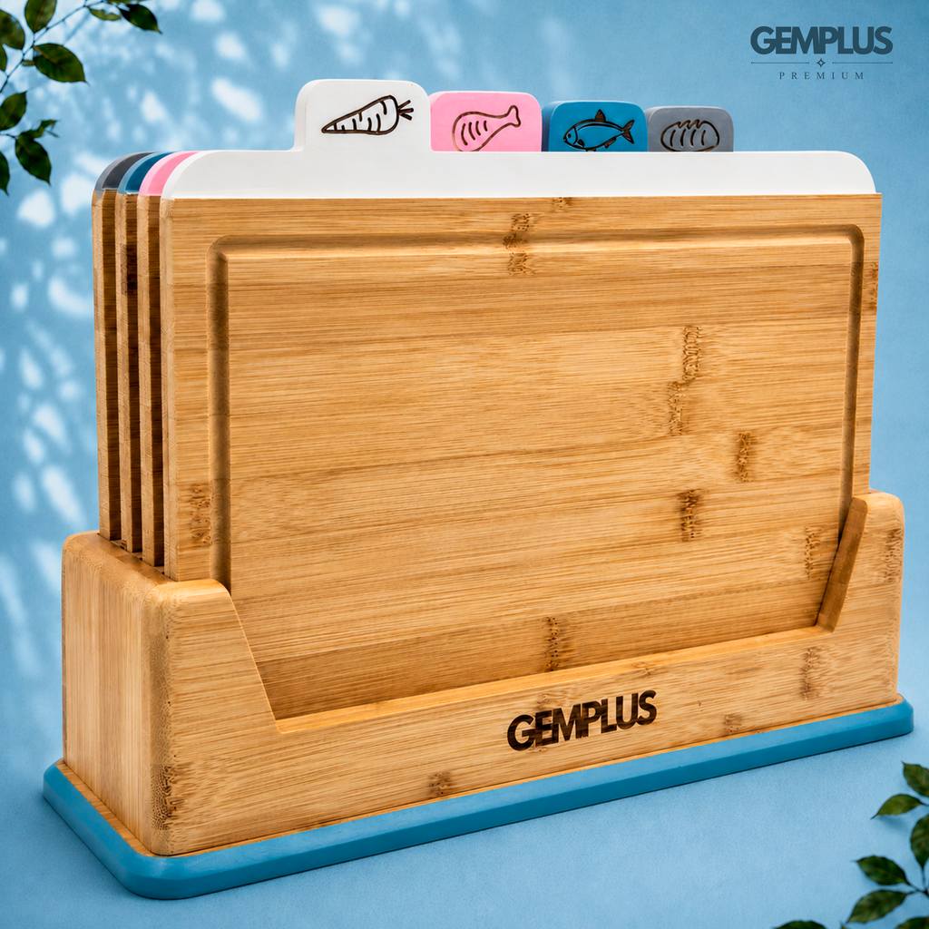 GEM+ | 4 PCS Premium Natural Bamboo Color Coded Chopping Board Set - Blue