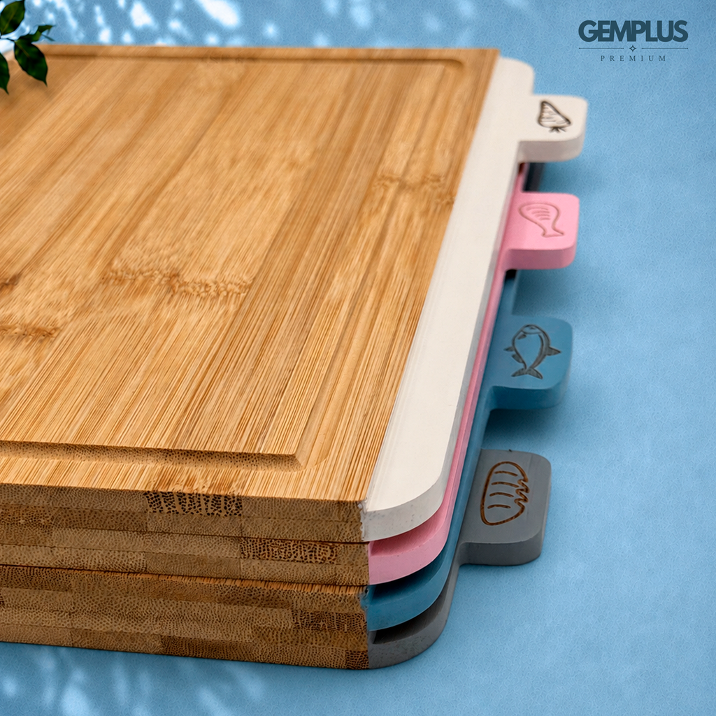 GEM+ | 4 PCS Premium Natural Bamboo Color Coded Chopping Board Set - Blue
