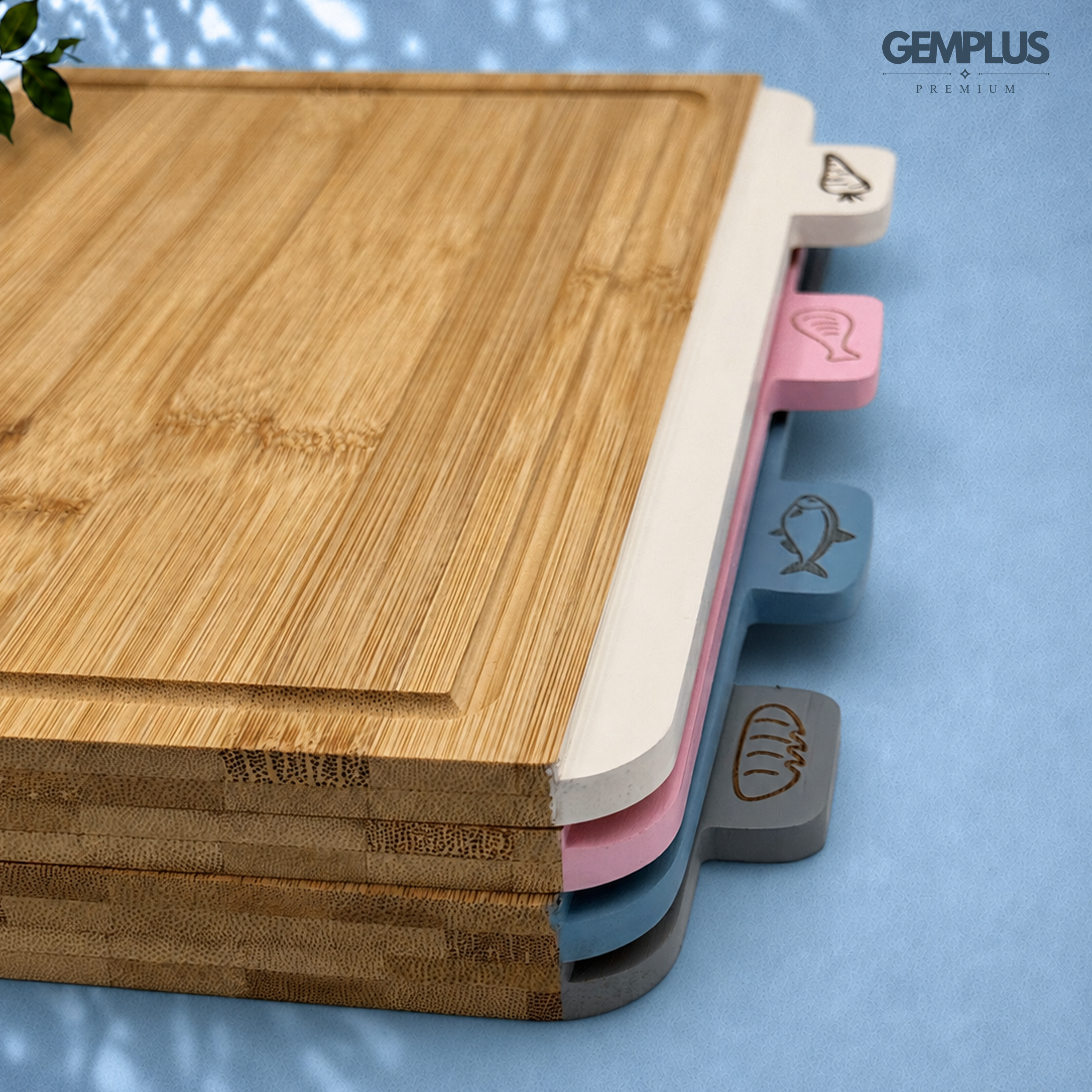 GEM+ | 4 PCS Premium Natural Bamboo Color Coded Chopping Board Set - Blue