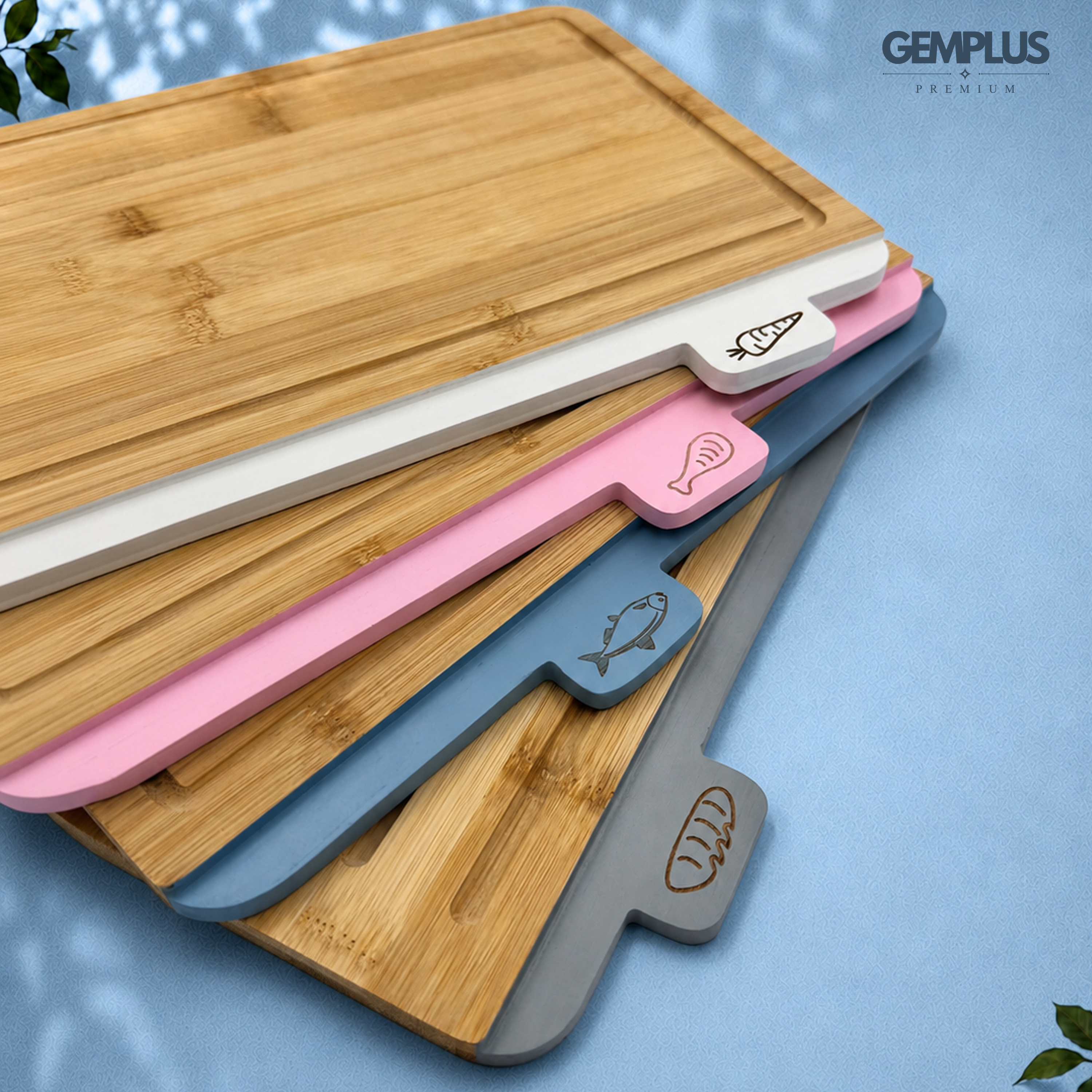 GEM+ | 4 PCS Premium Natural Bamboo Color Coded Chopping Board Set - Blue