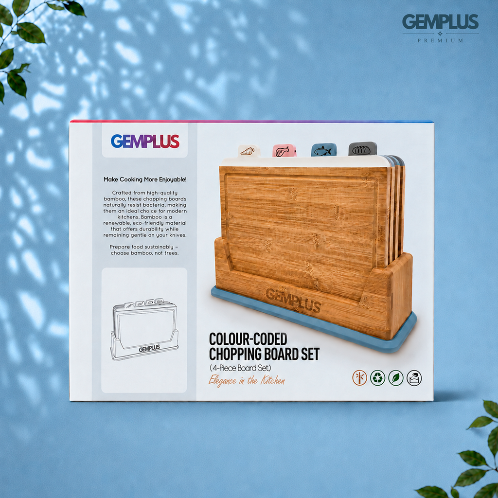 GEM+ | 4 PCS Premium Natural Bamboo Color Coded Chopping Board Set - Blue