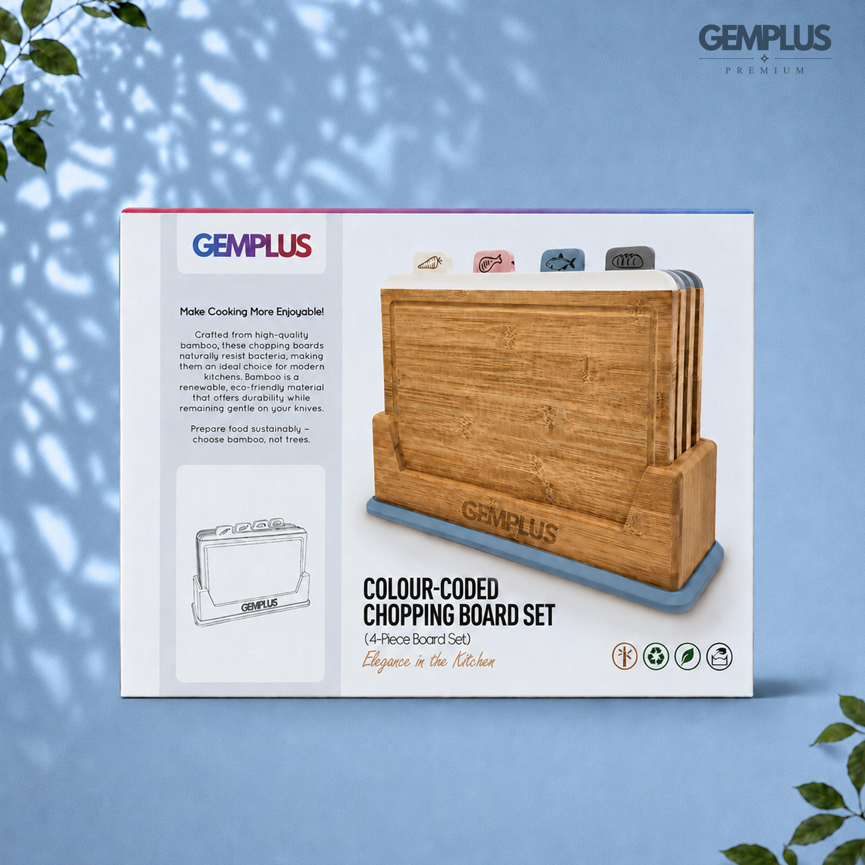 GEM+ | 4 PCS Premium Natural Bamboo Color Coded Chopping Board Set - Blue