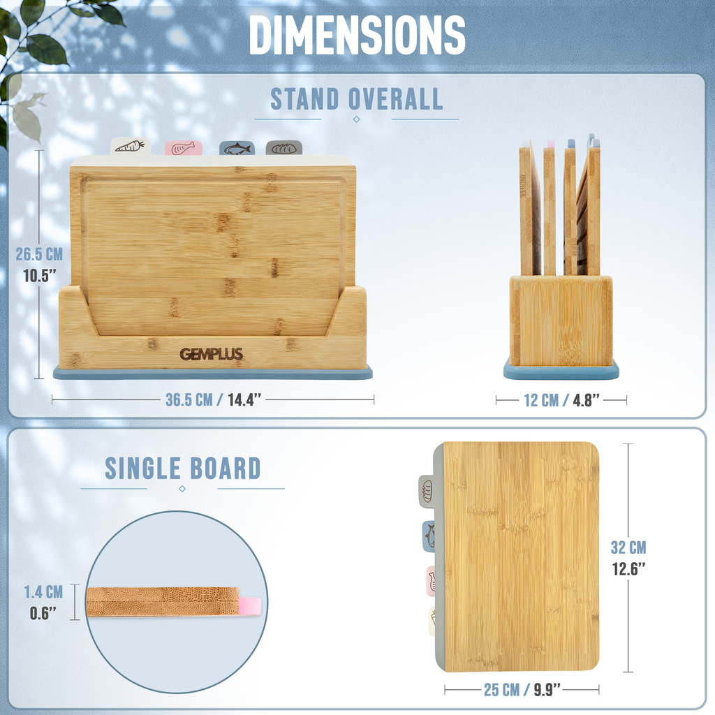 GEM+ | 4 PCS Premium Natural Bamboo Color Coded Chopping Board Set - Blue