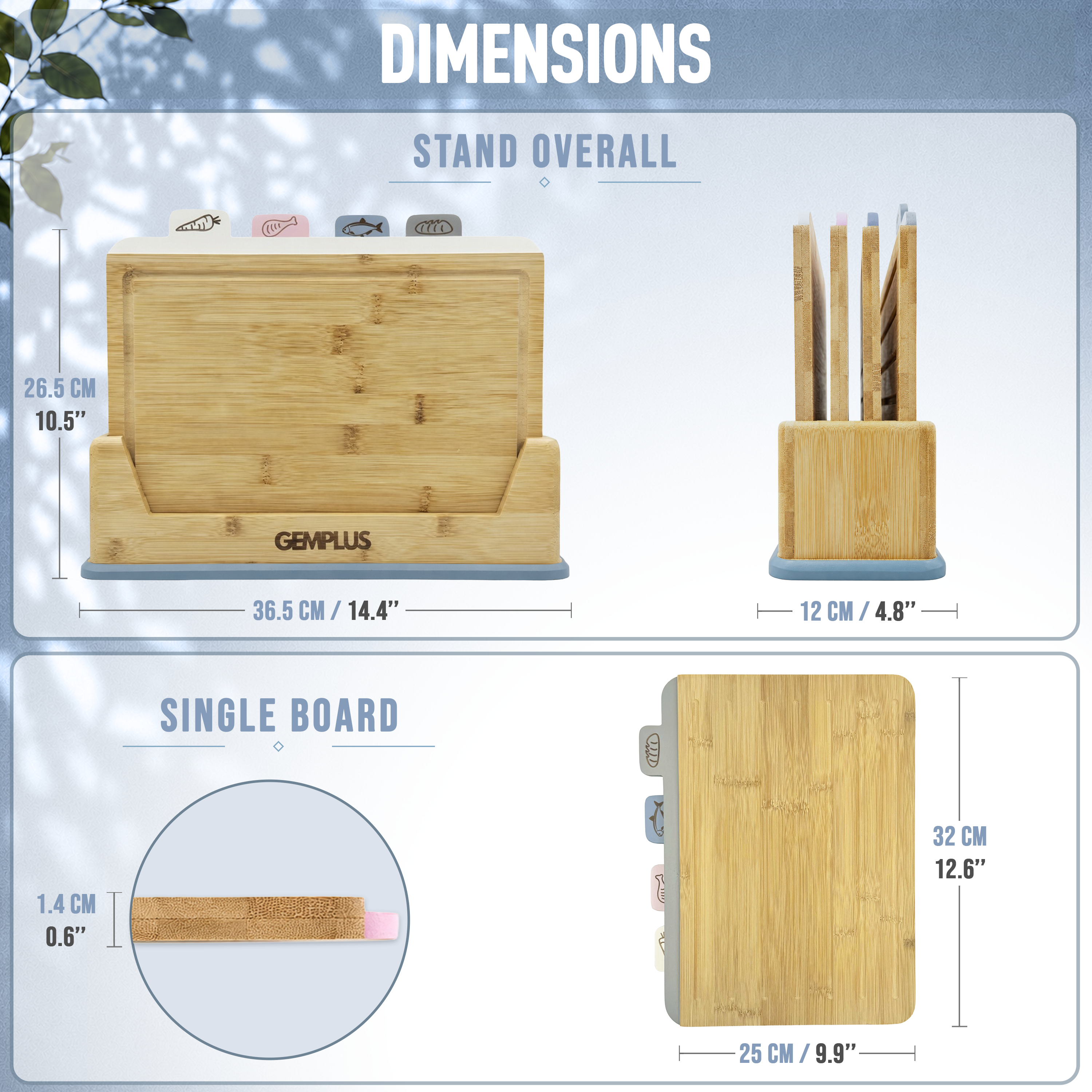 GEM+ | 4 PCS Premium Natural Bamboo Color Coded Chopping Board Set - Blue