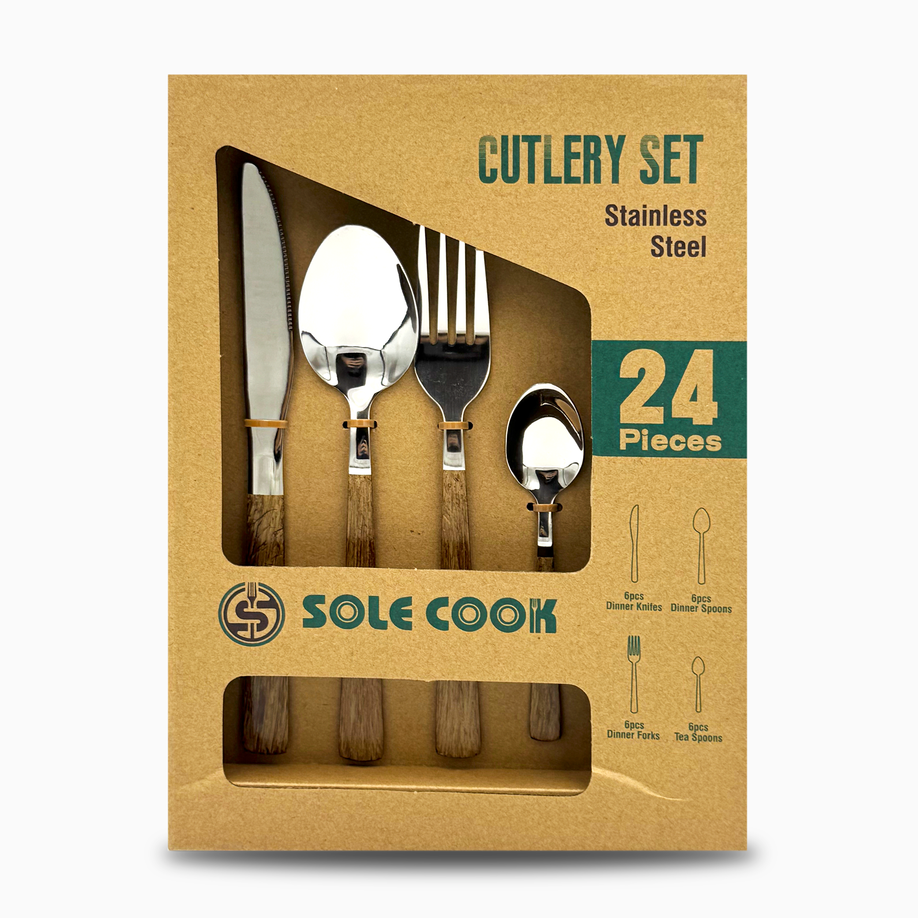 GEM+ | 24-Piece Stainless Steel Cutlery Set with Wood Texture Handle
