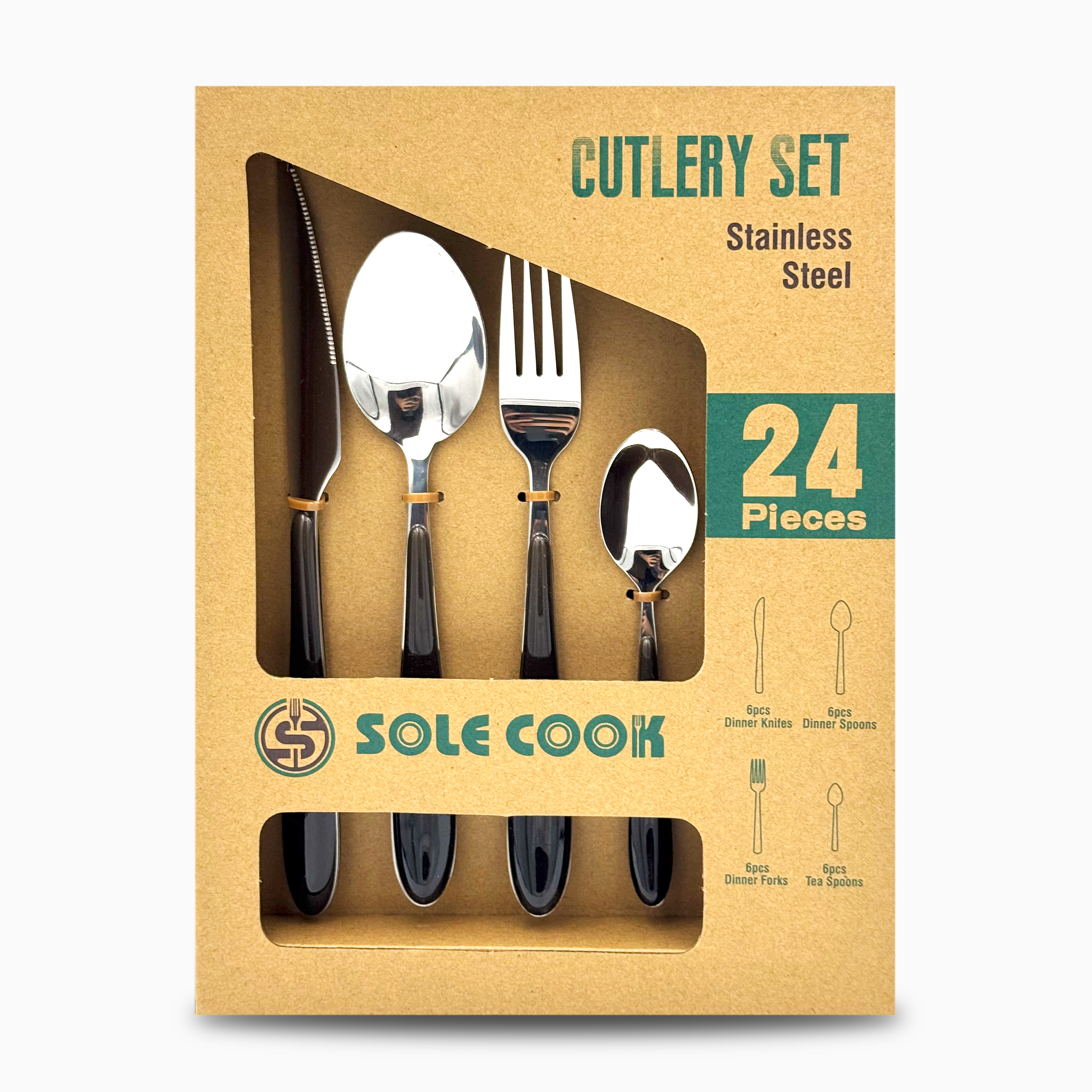 GEM+ | 24-Piece Stainless Steel Cutlery Set With Black Handle Rust-Resistant