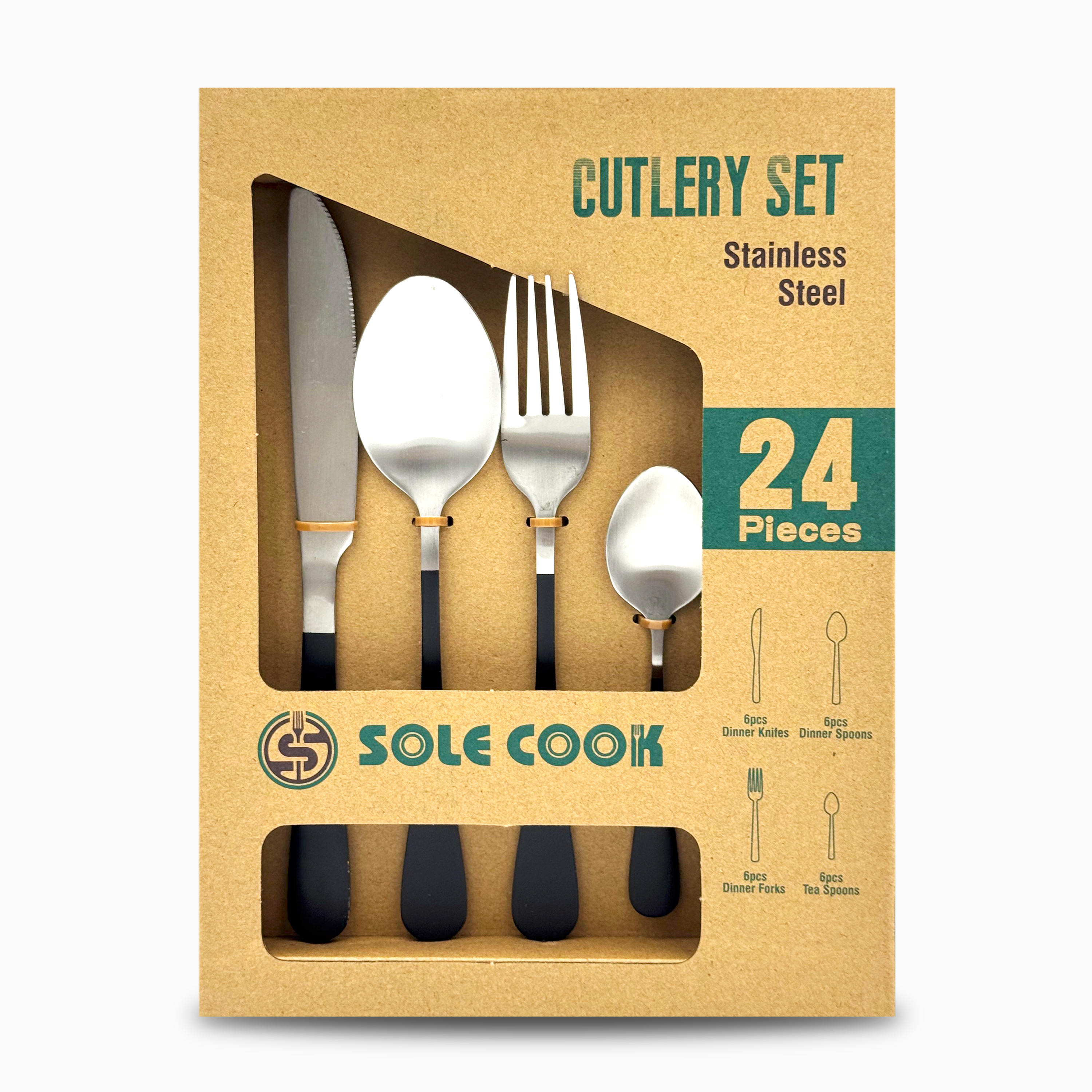 GEM+ | 24-Piece Stainless Steel Cutlery Set With Black Handle Rust-Resistant