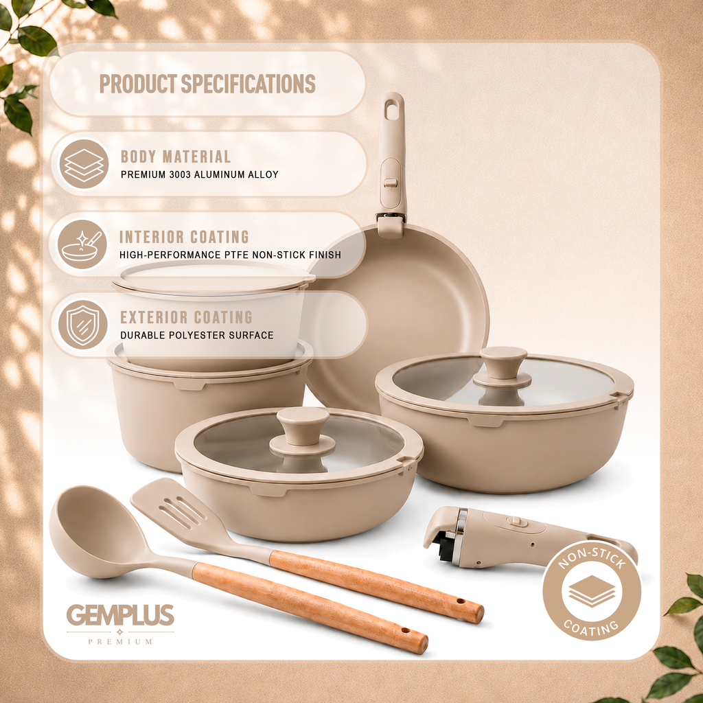 GEM+ | 17PCS Non-Stick Cookware Set Cream – Aluminium Induction Compatible Pots & Pans