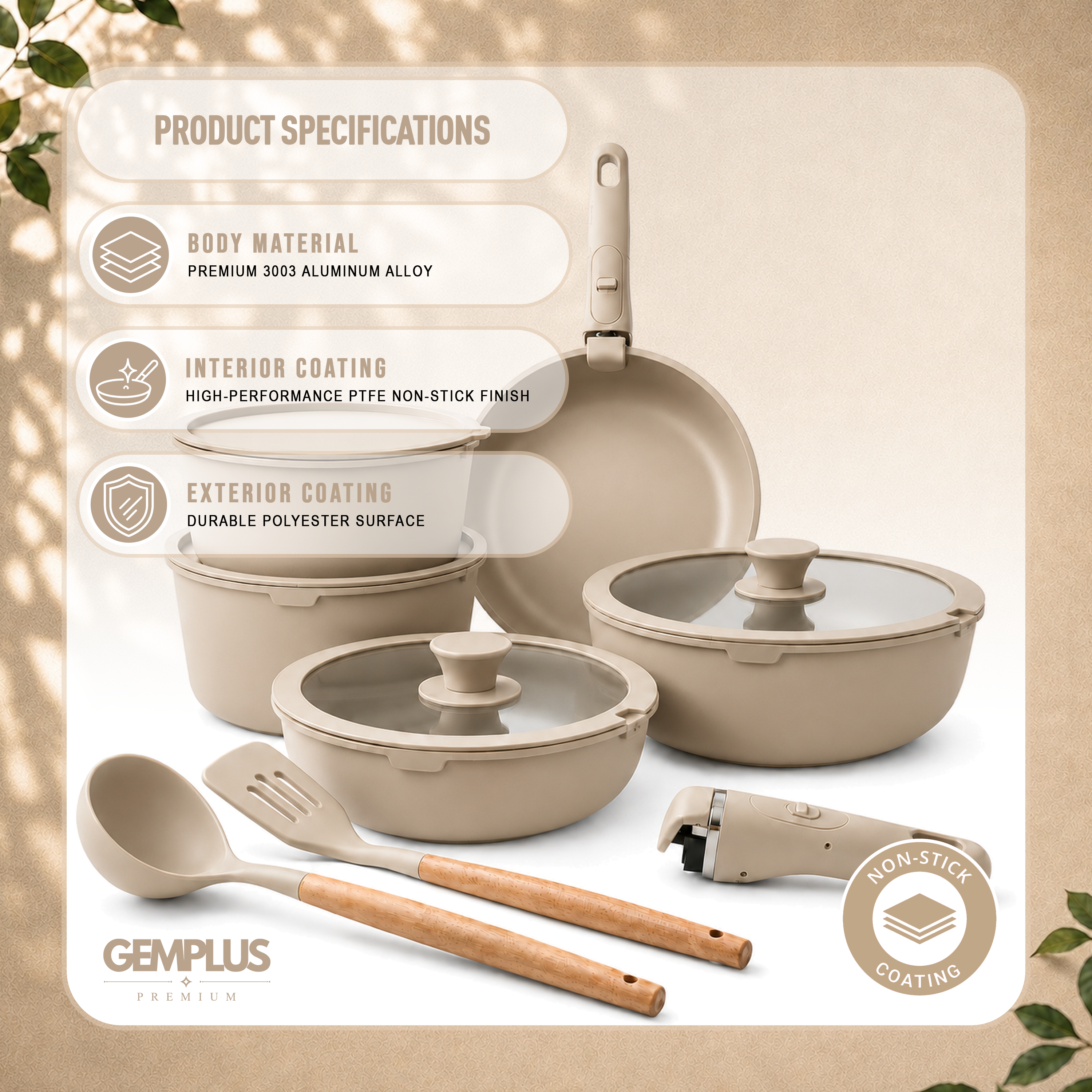 GEM+ | 17PCS Non-Stick Cookware Set Cream – Aluminium Induction Compatible Pots & Pans