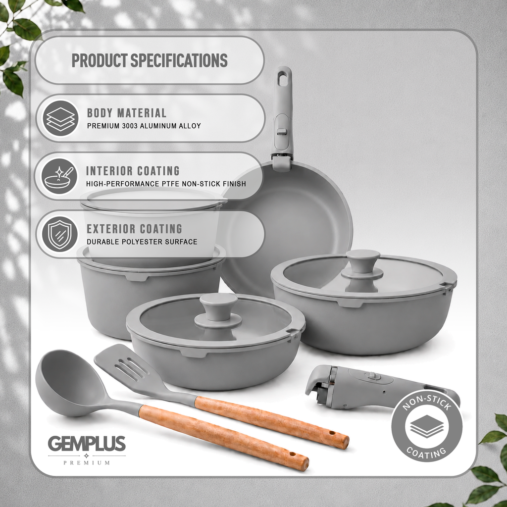 GEM+ | 17PCS Non-Stick Cookware Set Grey – Induction Ready Aluminium Pots & Pans