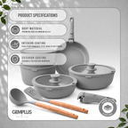 GEM+ | 17PCS Non-Stick Cookware Set Grey – Induction Ready Aluminium Pots & Pans