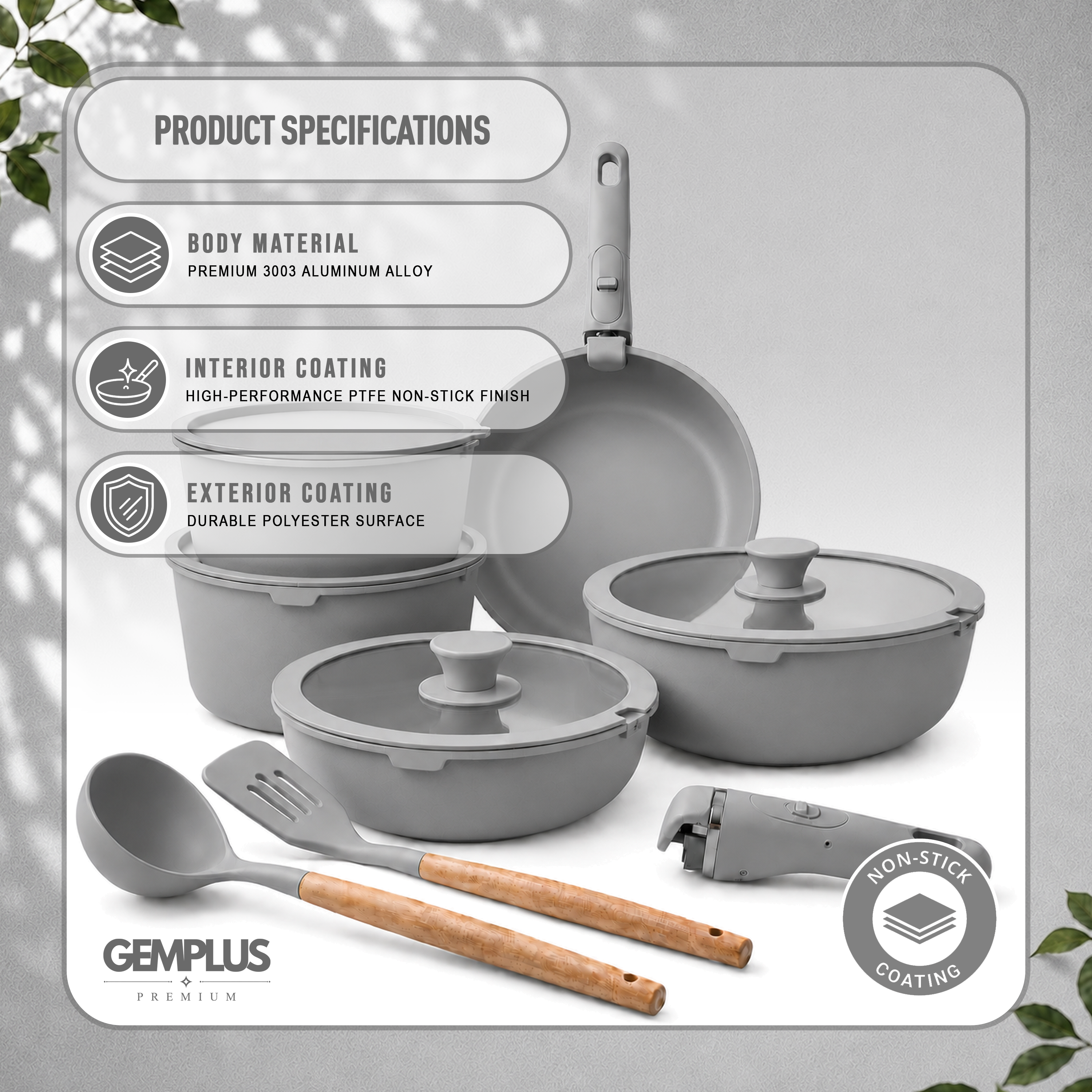 GEM+ | 17PCS Non-Stick Cookware Set Grey – Induction Ready Aluminium Pots & Pans