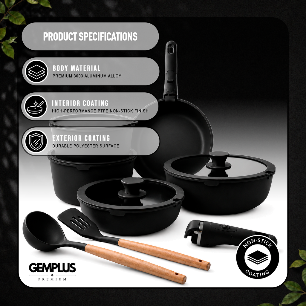 GEM+ | 17PCS Non-Stick Cookware Set Black – Induction & Gas Compatible Aluminium Pots & Pans