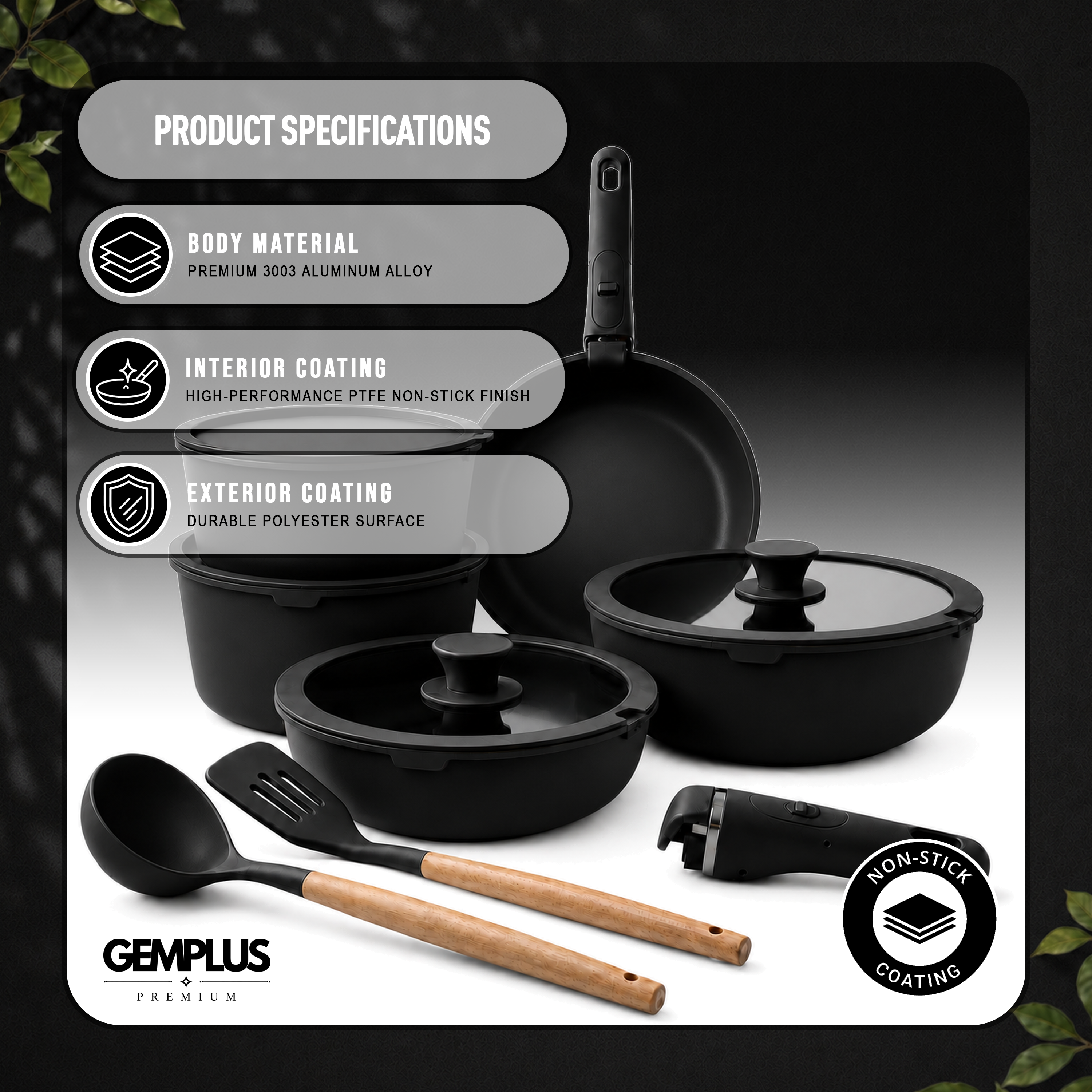 GEM+ | 17PCS Non-Stick Cookware Set Black – Induction & Gas Compatible Aluminium Pots & Pans