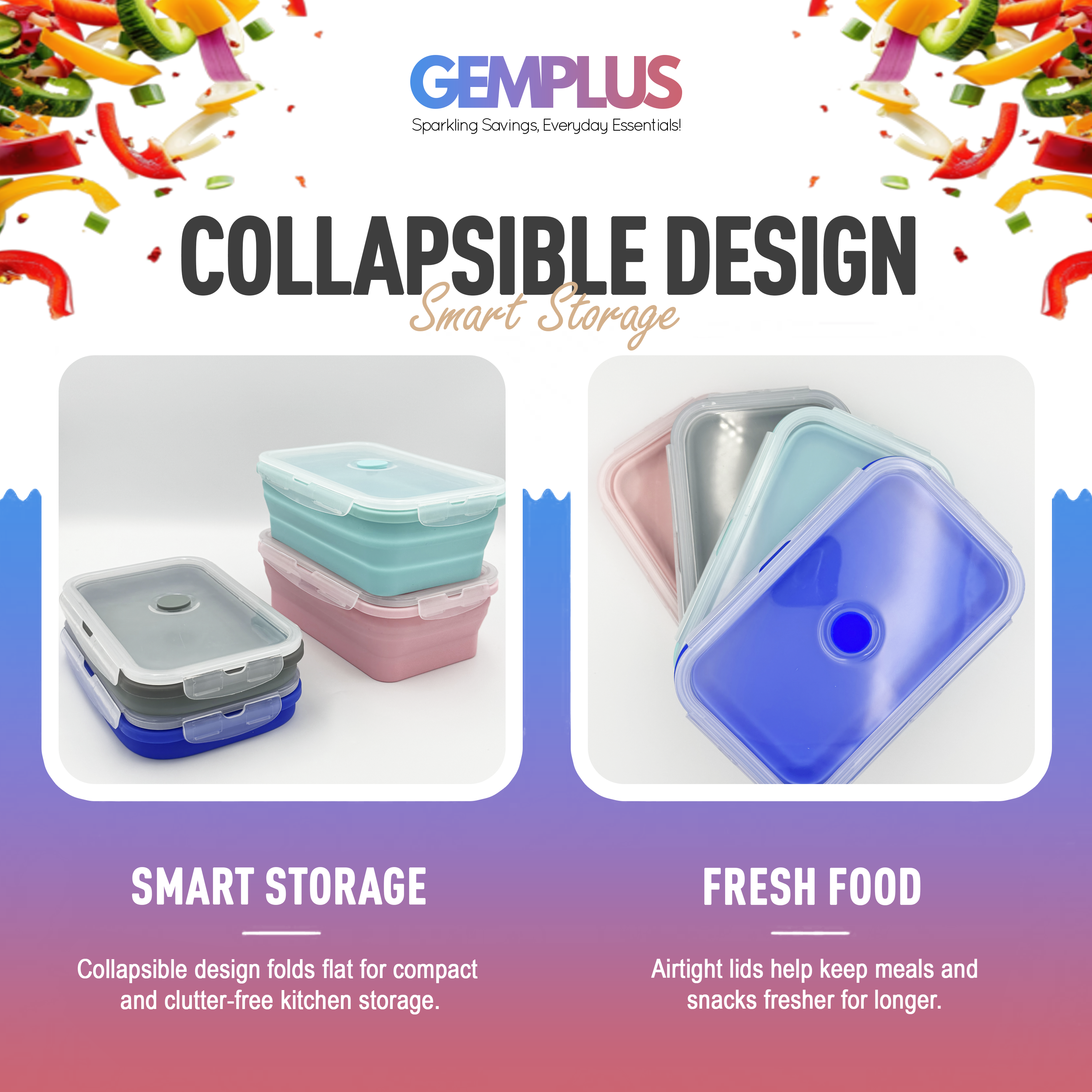 GEM+ | Collapsible Silicone Food Storage Container Set (4 Pieces)