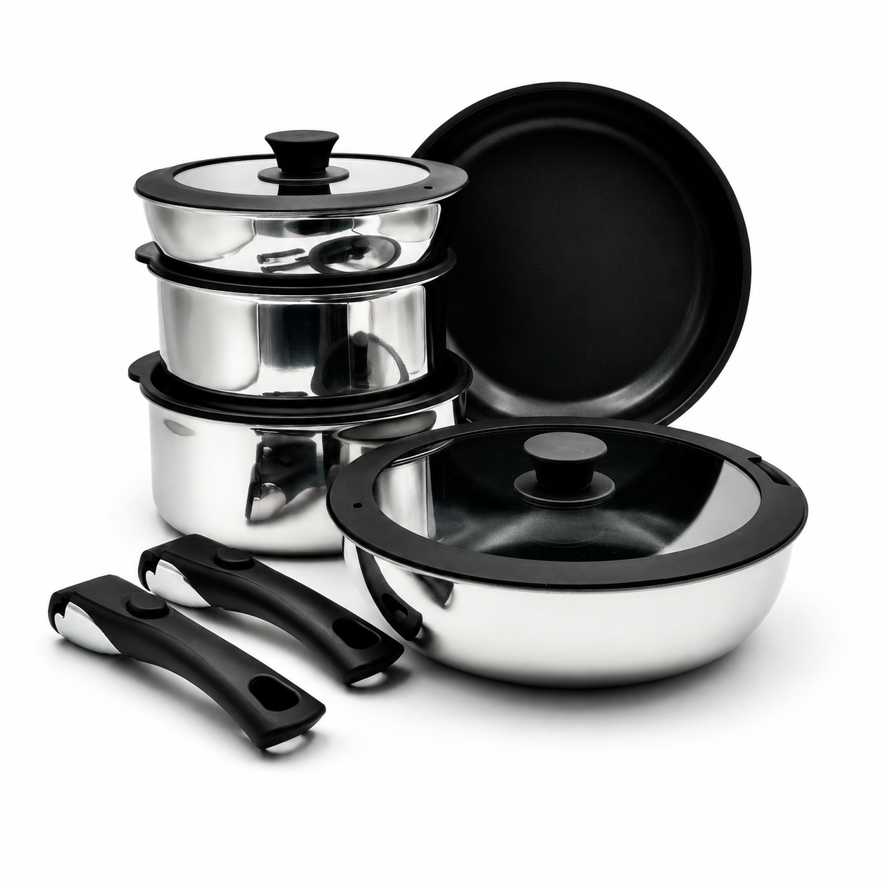 GEM+| 15PCS Stainless Steel Granite Cookware Set with Detachable Handles