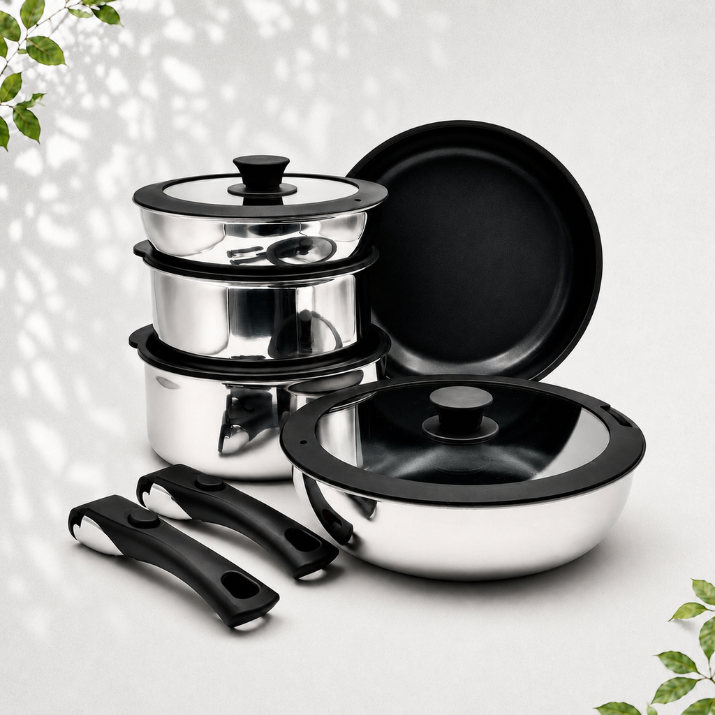 GEM+| 15PCS Stainless Steel Granite Cookware Set with Detachable Handles