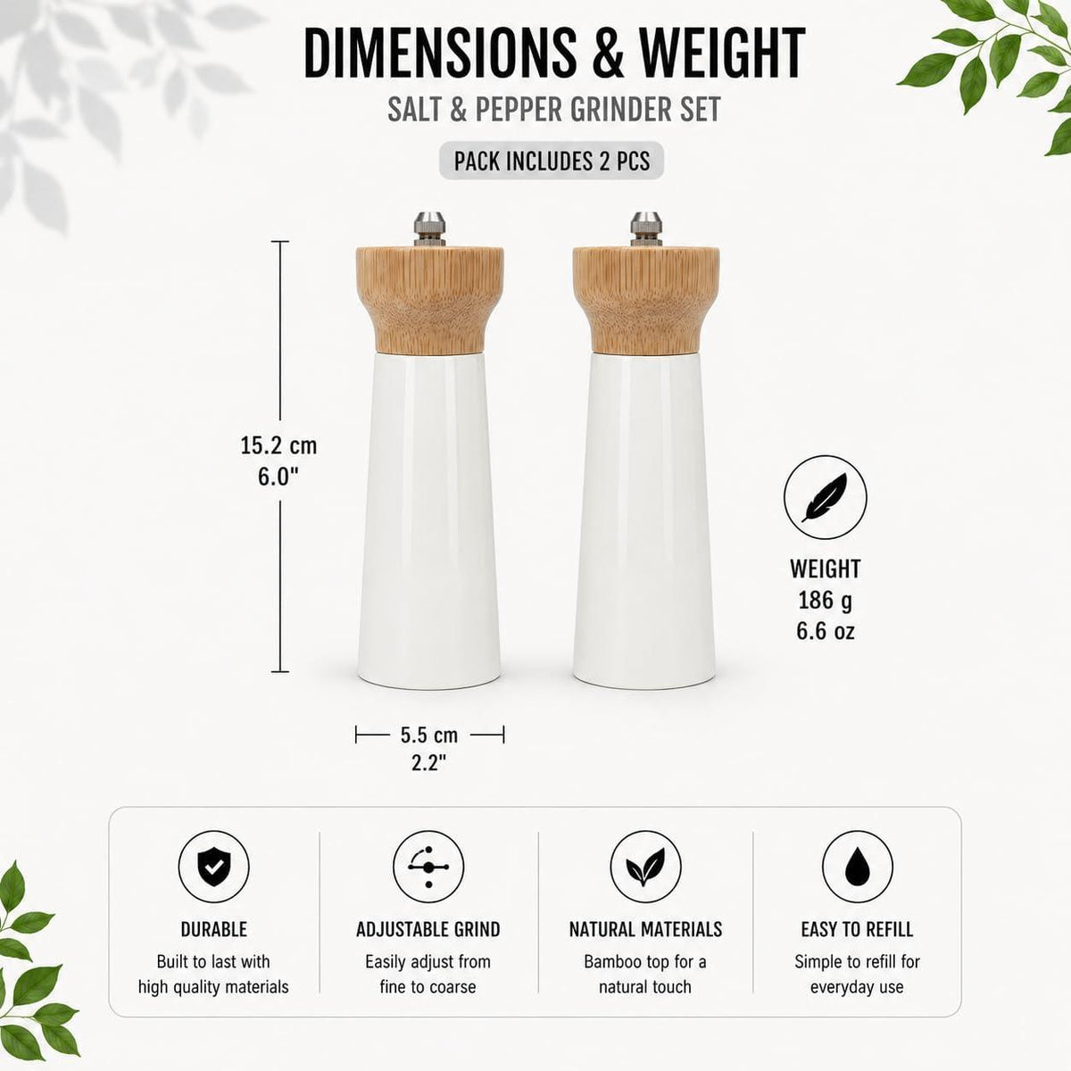 2 Bamboo Salt & Pepper Grinders, Gloss White