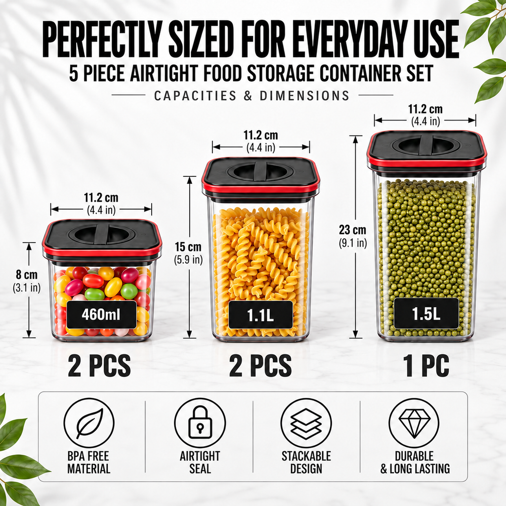 5-Piece Airtight Pantry Food Storage Containers