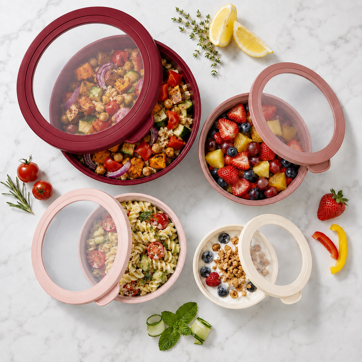 4-Piece Airtight Food Storage Bowls, Pink