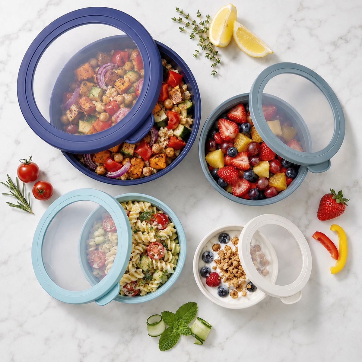4-Piece Airtight Food Storage Bowls, Blue