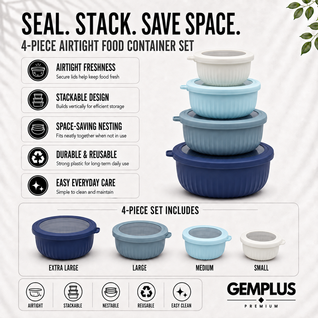 4-Piece Airtight Food Storage Bowls, Blue
