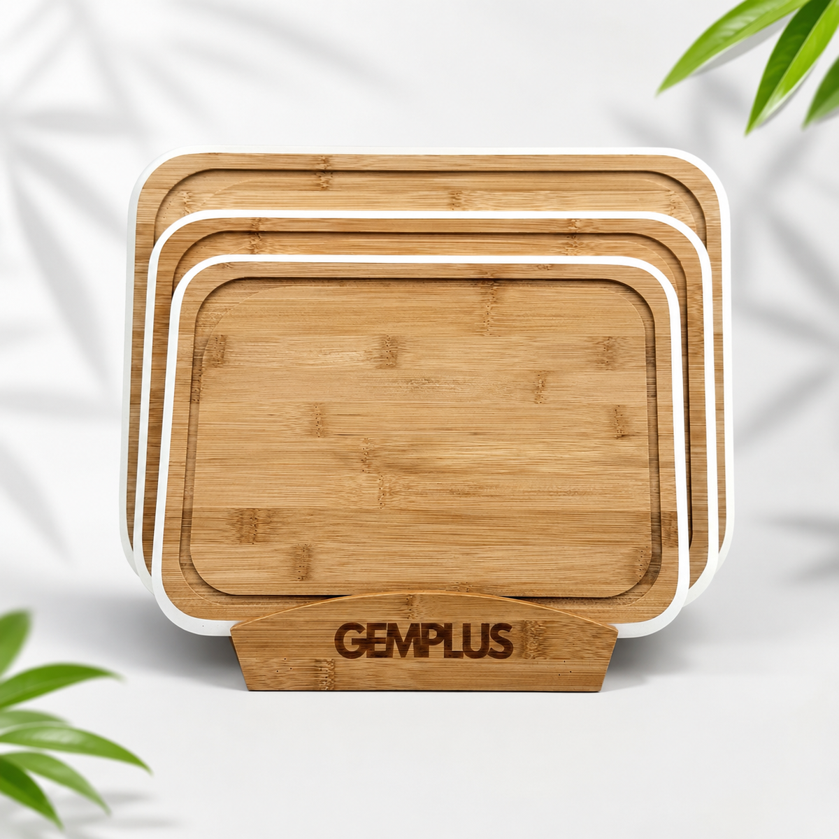 3 Bamboo Chopping Boards with Stand, White Trim