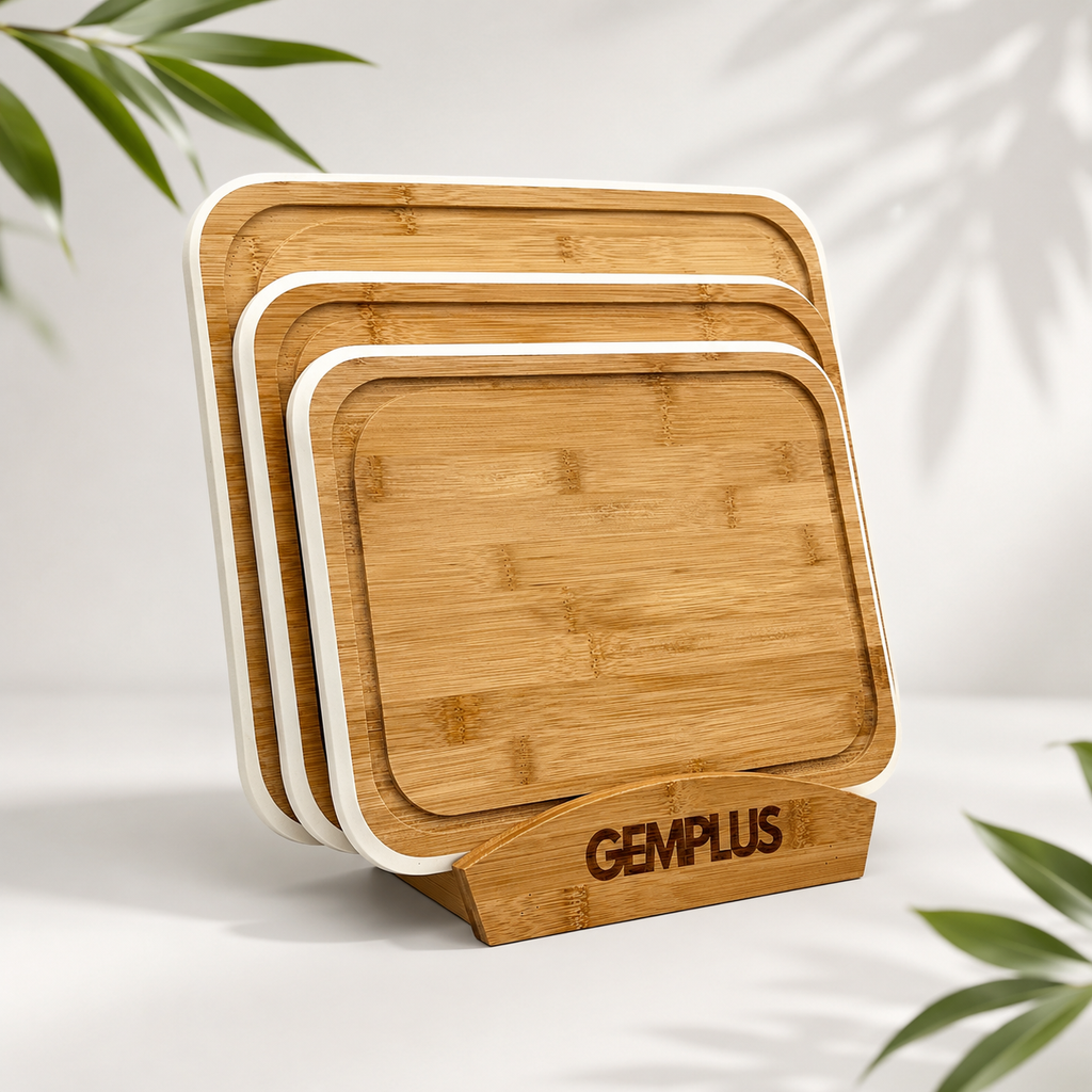 3 Bamboo Chopping Boards with Stand, White Trim