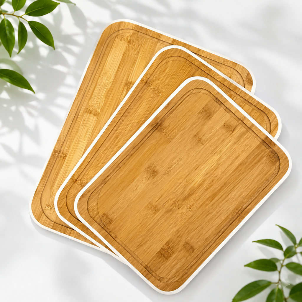 3 Bamboo Chopping Boards with Stand, White Trim