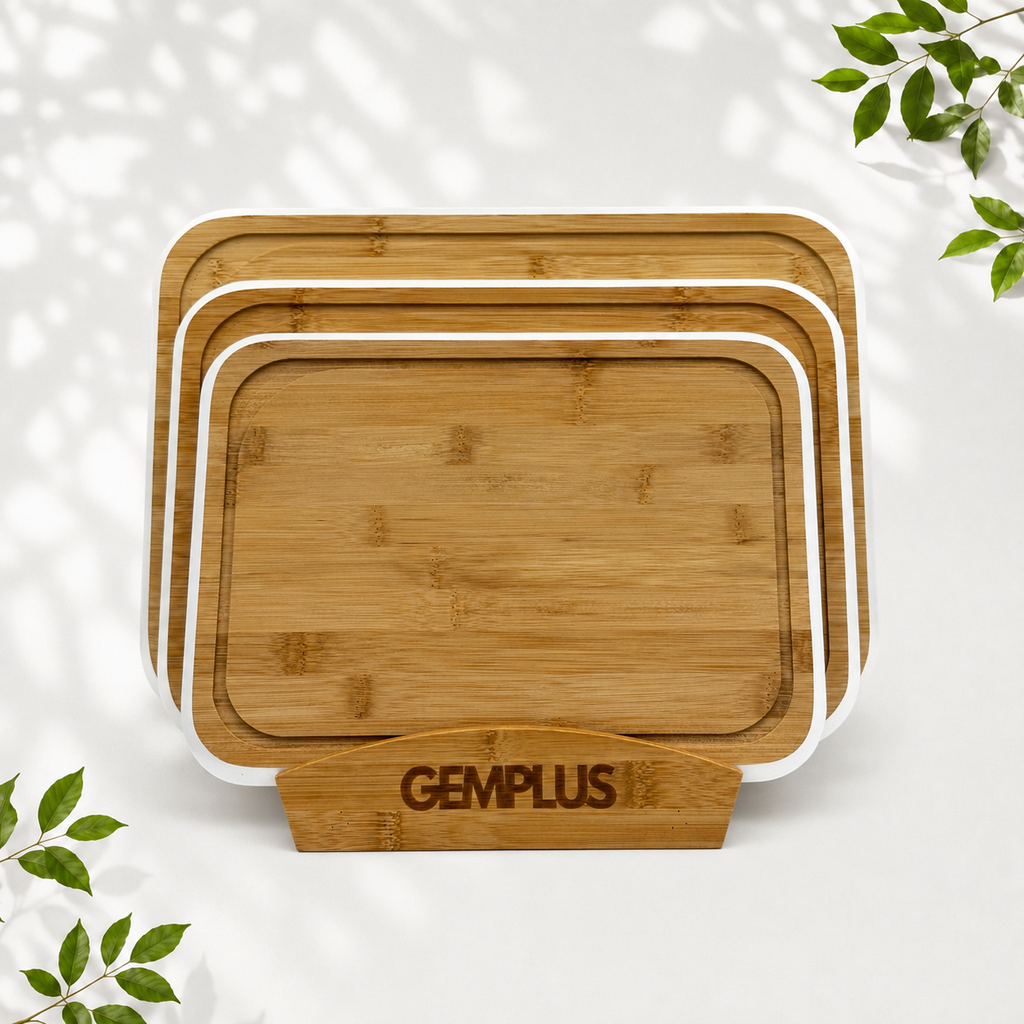 3 Bamboo Chopping Boards with Stand, White Trim