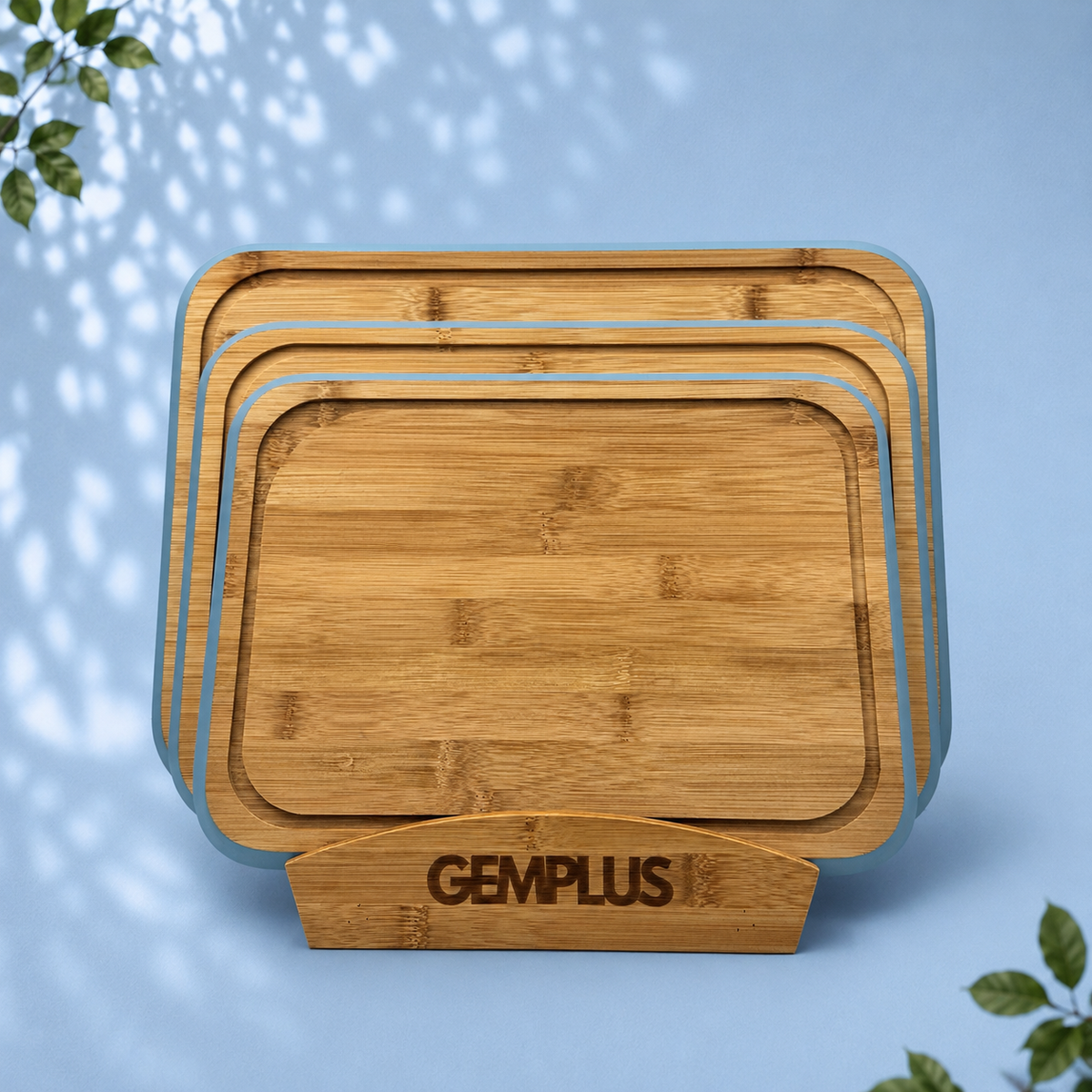 3 Bamboo Chopping Boards with Stand, Blue Trim