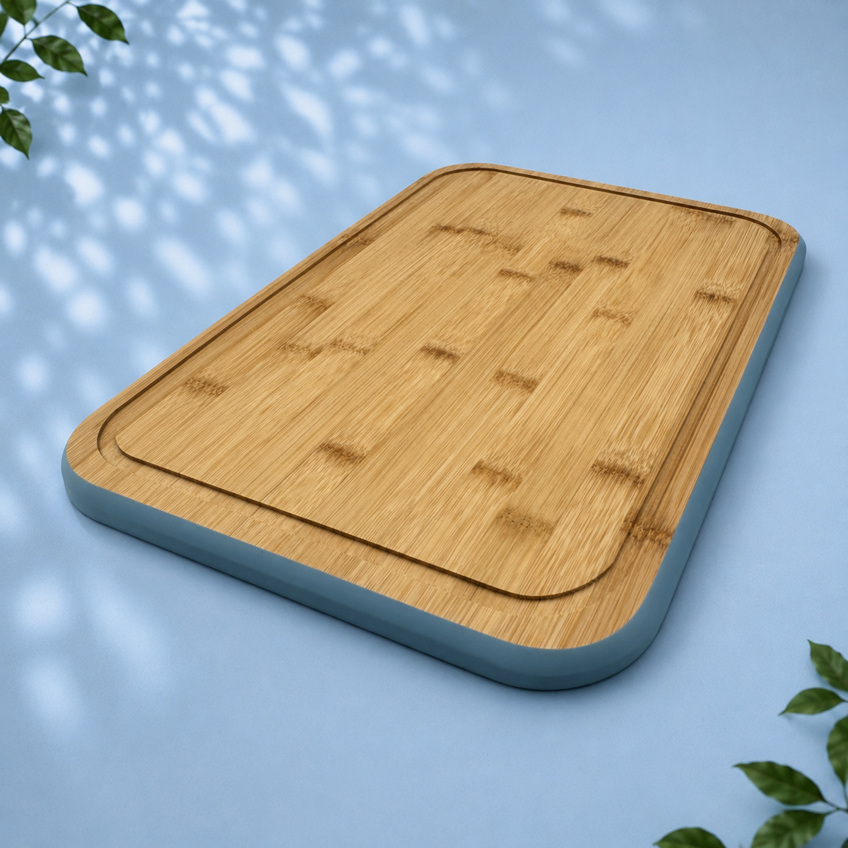 3 Bamboo Chopping Boards with Stand, Blue Trim
