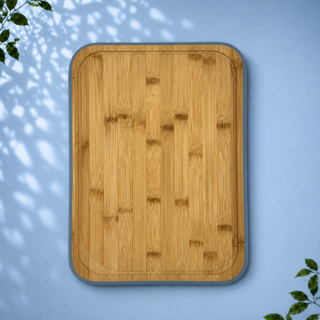 3 Bamboo Chopping Boards with Stand, Blue Trim