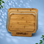 3 Bamboo Chopping Boards with Stand, Blue Trim